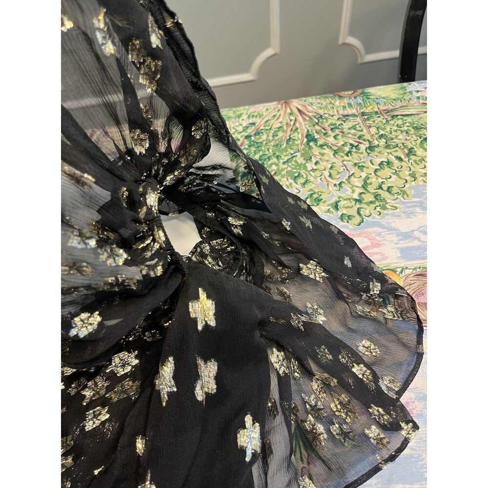 LoveShackFancy Black Silk Gold Metallic Star Maxi Off Shoulder Chiffon Dress 2 - Picture 10 of 16